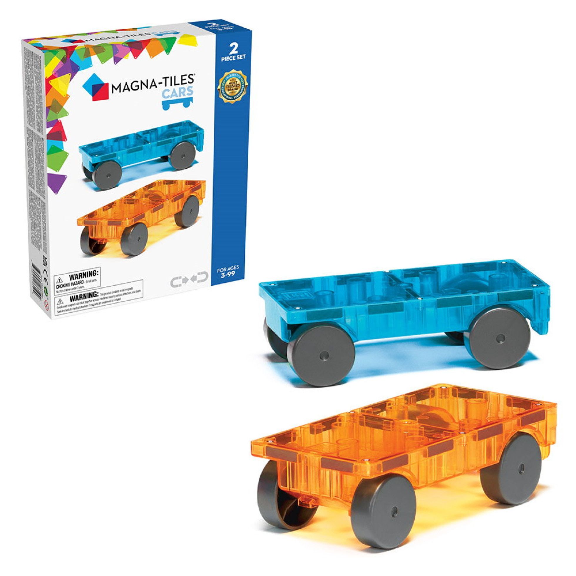 Set Magnetic extensie, 2 masinute Albastru si Portocaliu - Magna-Tiles 2